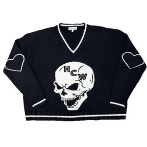 Heaven Can Wait Small Sweater Emo Whimsygoth Indie Black Skull V-Neck Heart W23